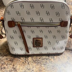 Dooney & Bourke White Logo Crossbody with Brown Trim and Gold Hardware